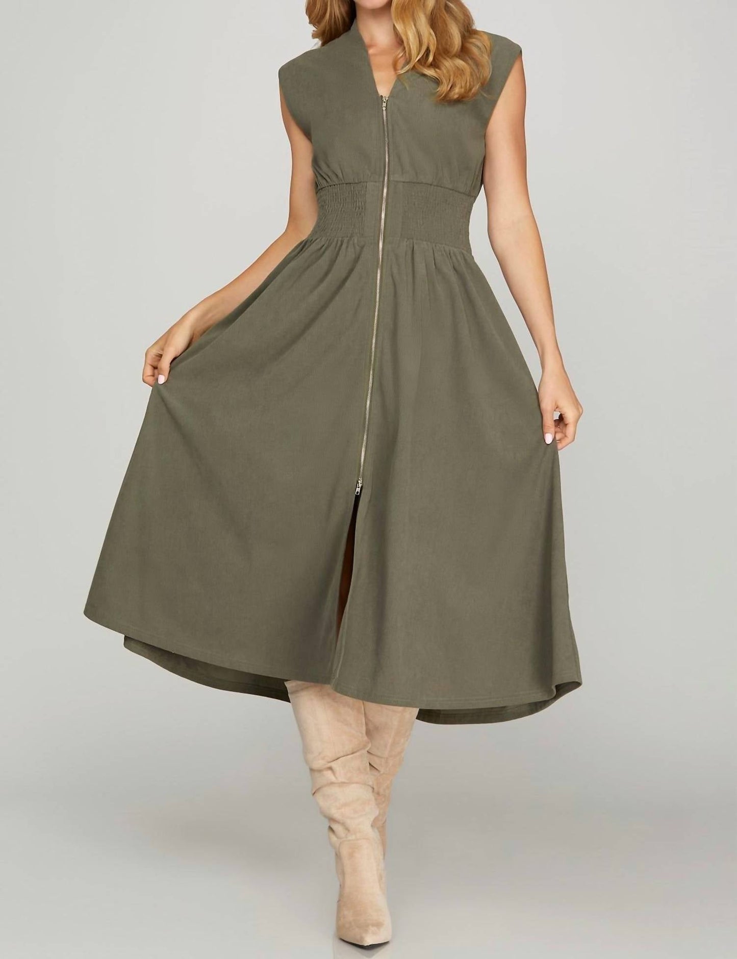 She + Sky - Drop Shoulder Zip Midi Dress