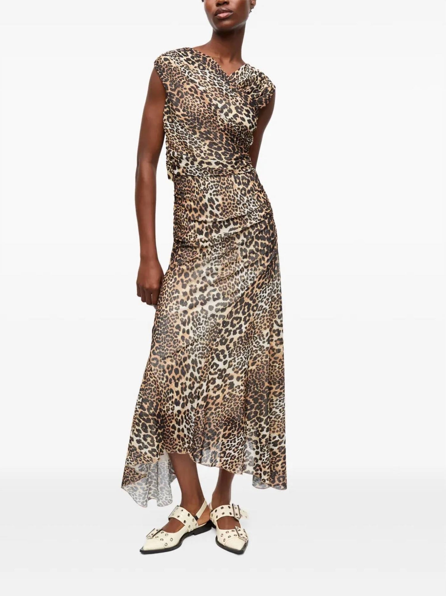 Ganni - Printed Marl Mesh Long Ruched Crossover Dress