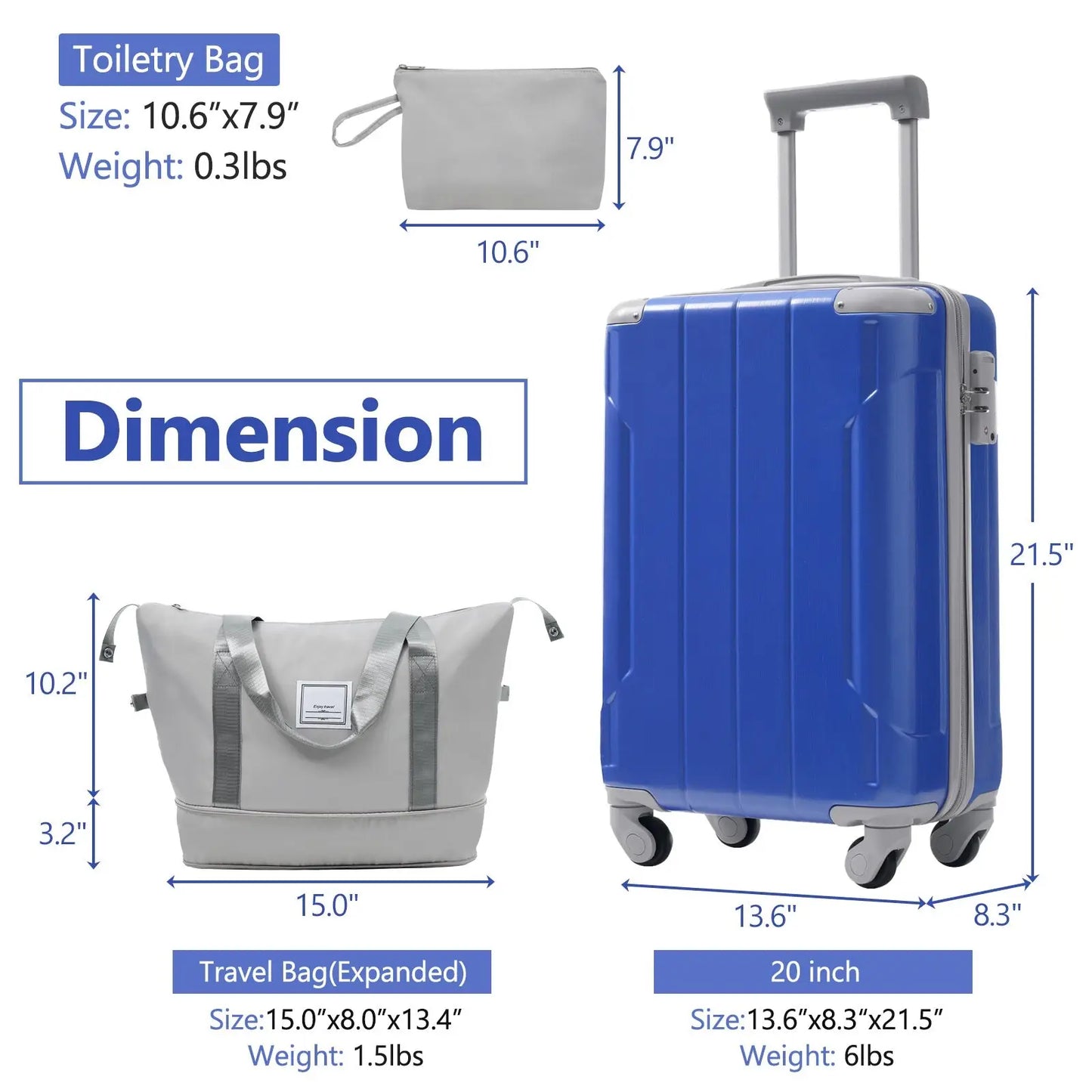 3 Piece Dazzling Blue Hardshell 20 Inch Carry on Luggage Set