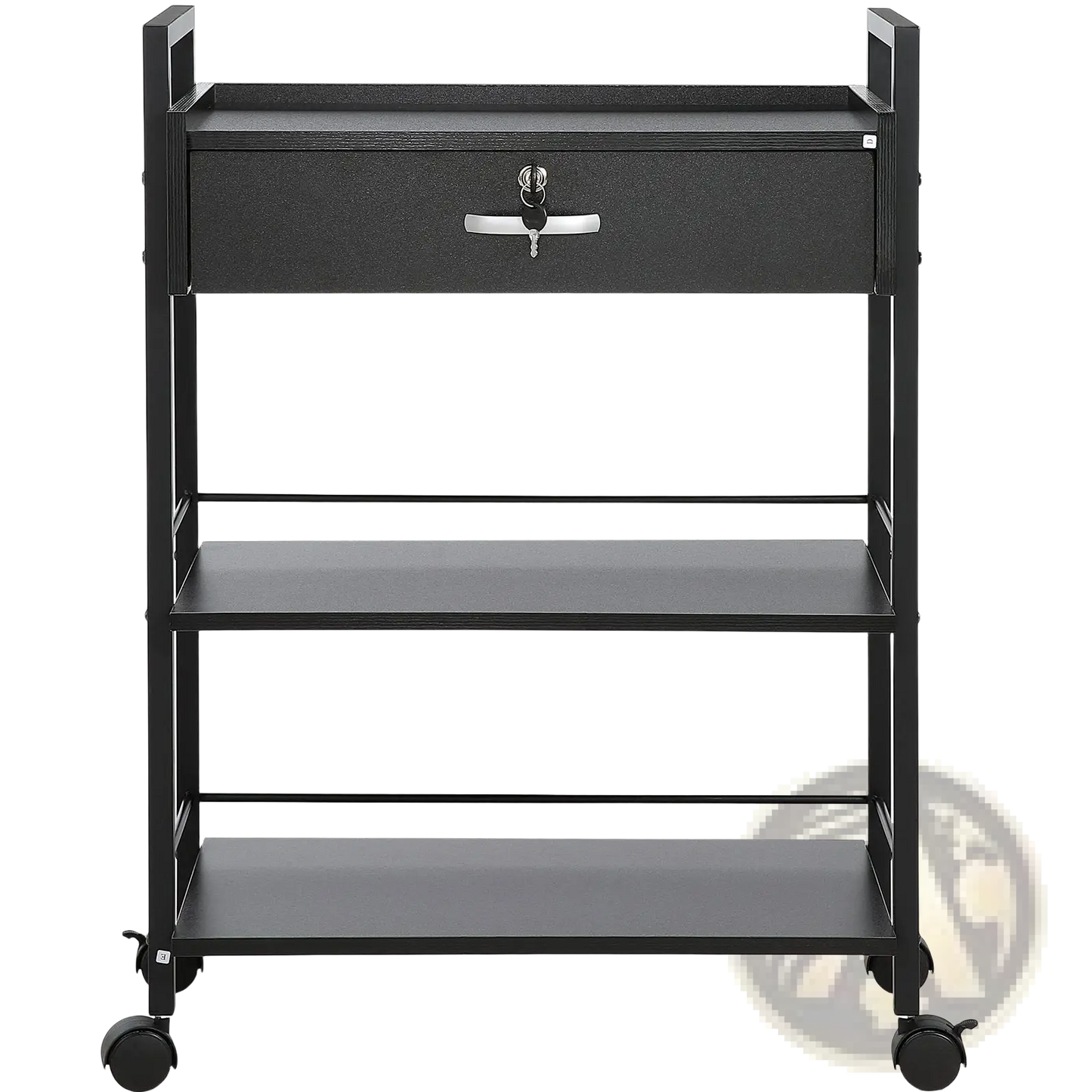 3 Tier Black Salon Trolley with Lockable Drawer and Wheels