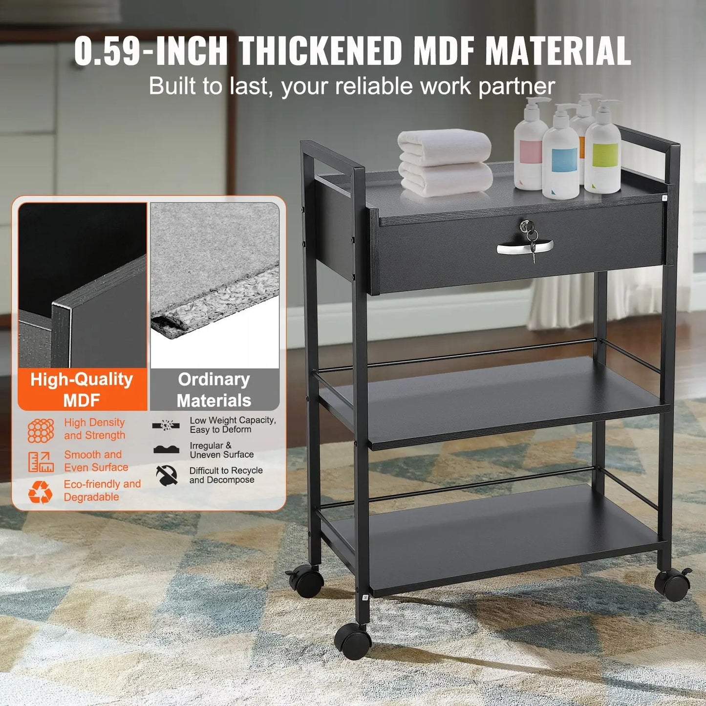3 Tier Black Salon Trolley with Lockable Drawer and Wheels