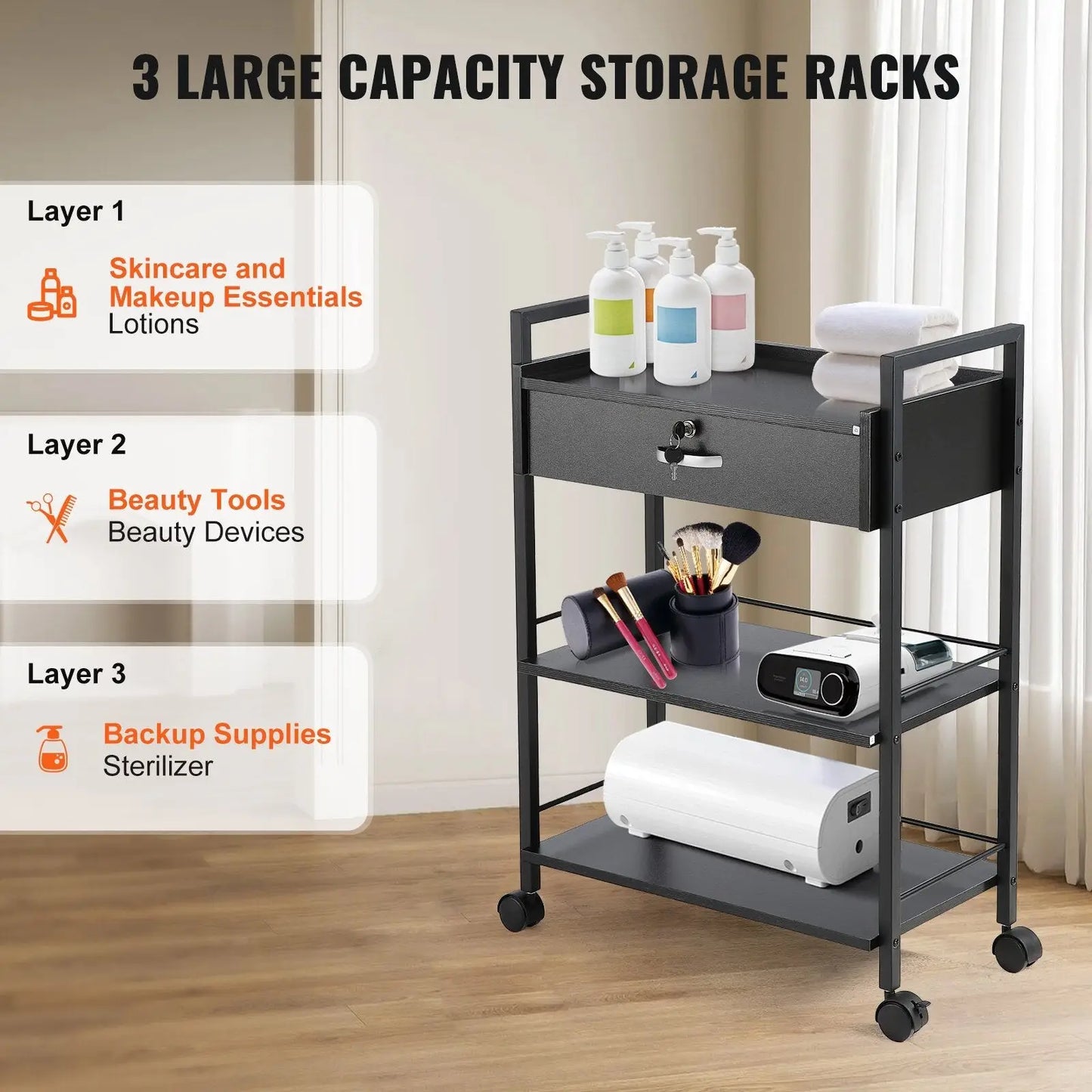 3 Tier Black Salon Trolley with Lockable Drawer and Wheels