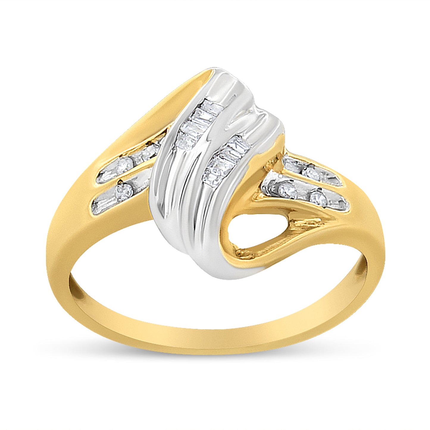 10K Yellow and White Gold 1.00 Cttw Round And Baguette-Cut Diamond Accent Bypass Ring (H-I Color, I2-I3 Clarity) - Ring Size 7