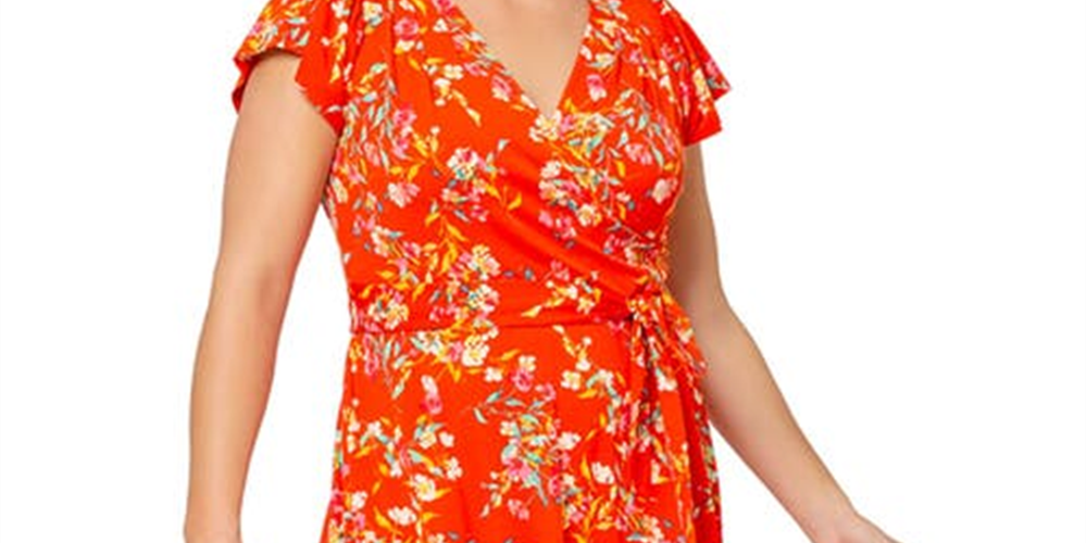 Leota Women's Monique Floral Jersey Faux Wrap Dress Orange Size 2X
