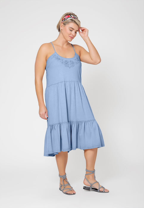 Leota Women's Esmeralda Embroidered Tiered Hem Cotton Chambray Sundress Blue Size 2X