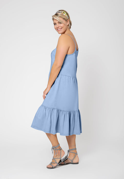 Leota Women's Esmeralda Embroidered Tiered Hem Cotton Chambray Sundress Blue Size 2X