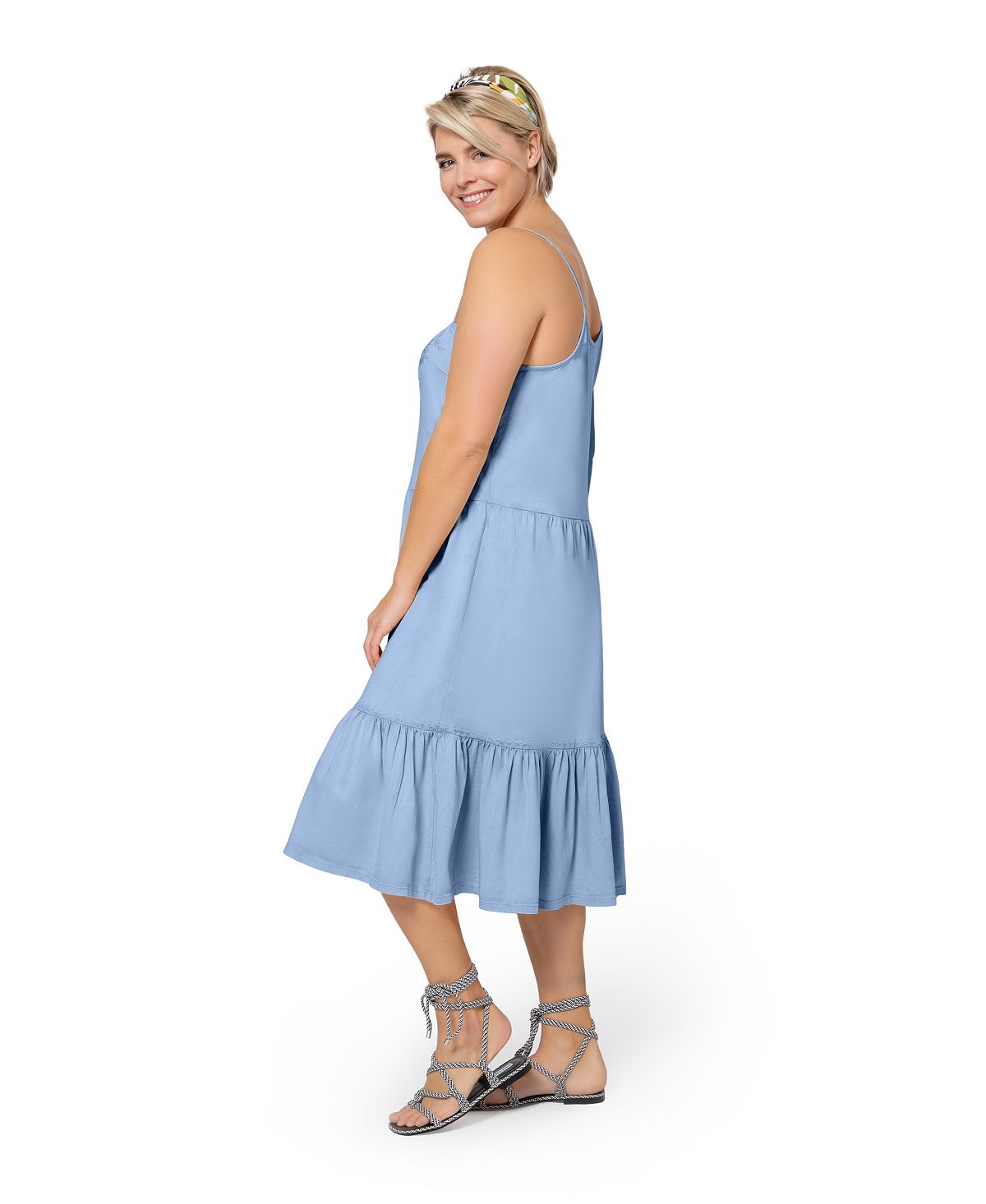 Leota Women's Esmeralda Embroidered Tiered Hem Cotton Chambray Sundress Blue Size 3X
