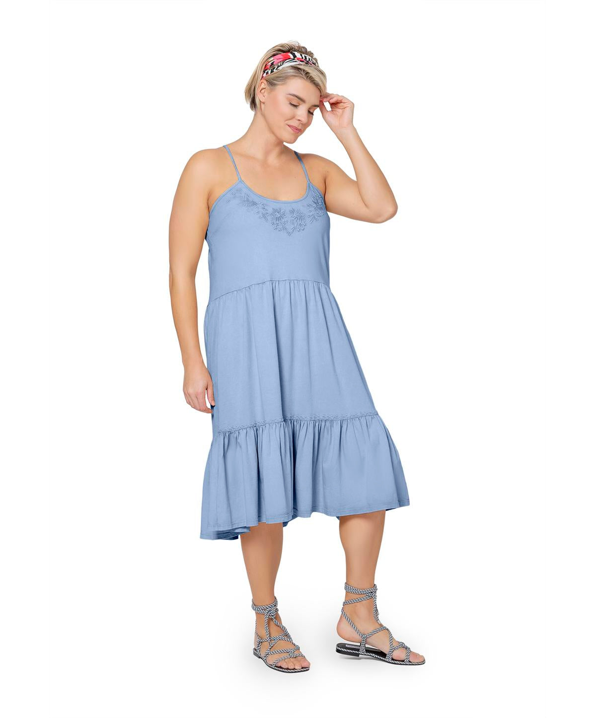 Leota Women's Esmeralda Embroidered Tiered Hem Cotton Chambray Sundress Blue Size 3X