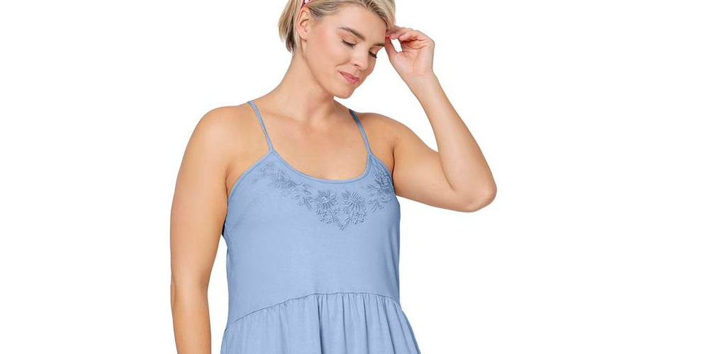 Leota Women's Esmeralda Embroidered Tiered Hem Cotton Chambray Sundress Blue Size 2X