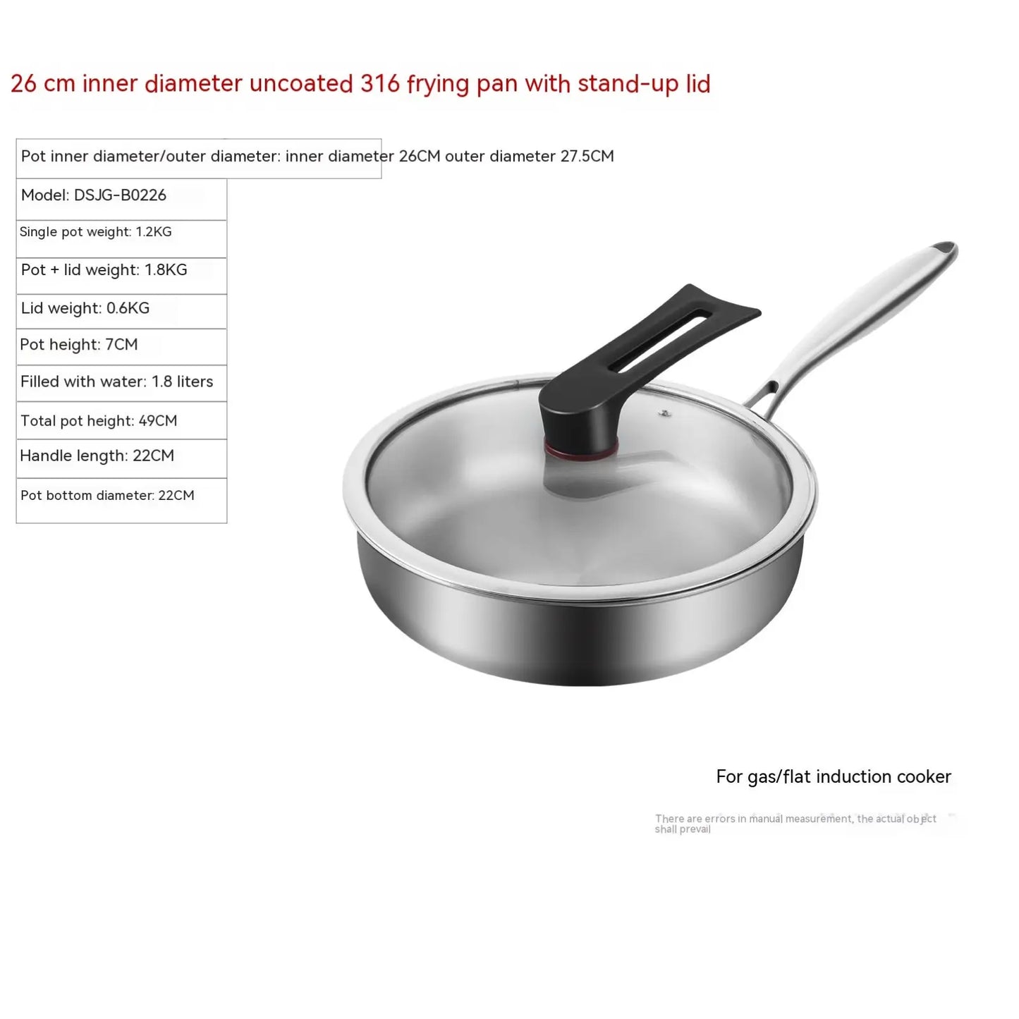 316l Stainless Steel Frying Pan with Glass Lid