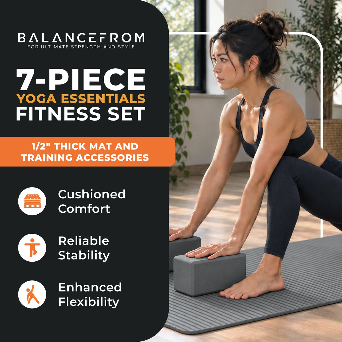 BalanceFrom Fitness 7 Piece Yoga Set with Mat, Stretch Strap & Knee Pad, Gray