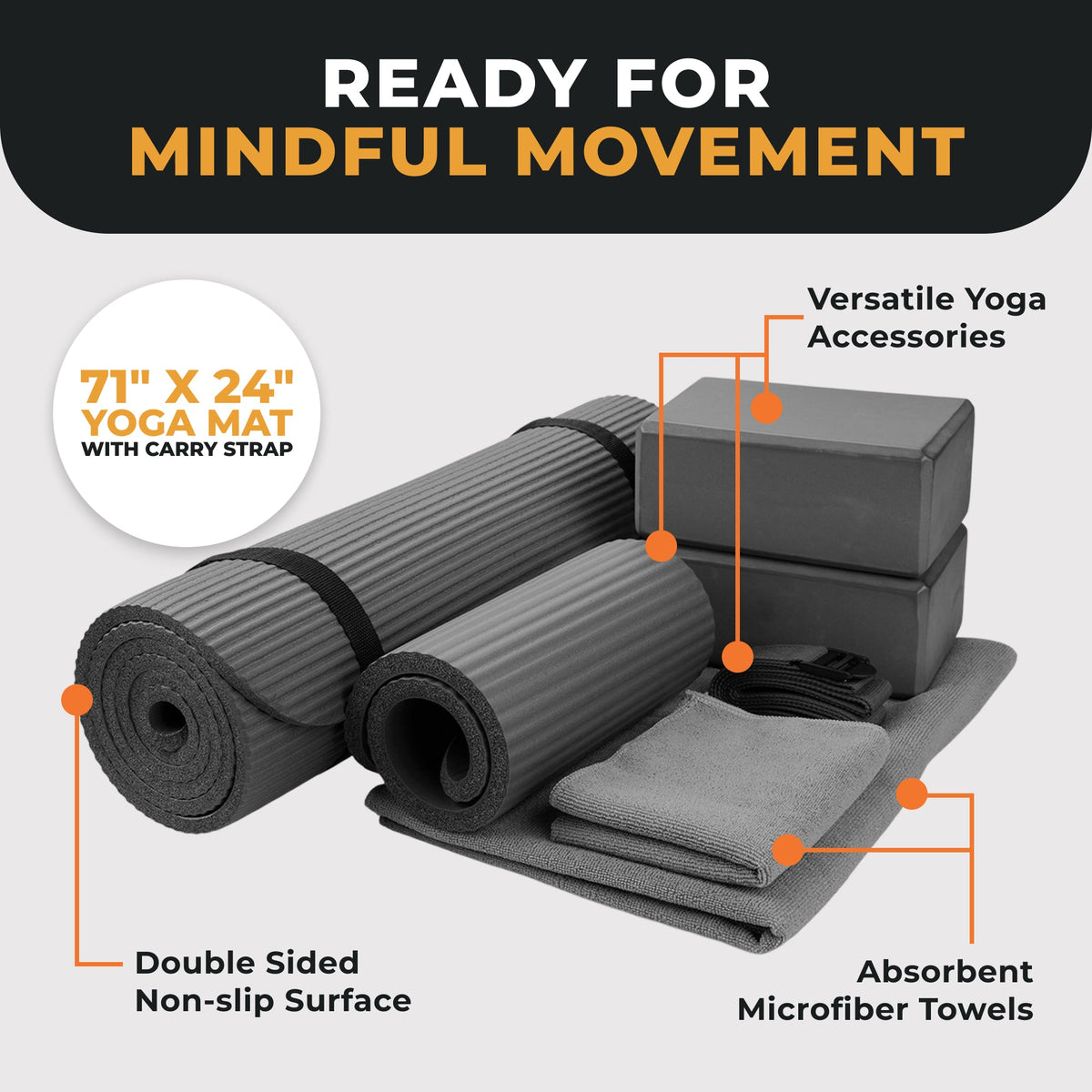 BalanceFrom Fitness 7 Piece Yoga Set with Mat, Stretch Strap & Knee Pad, Gray