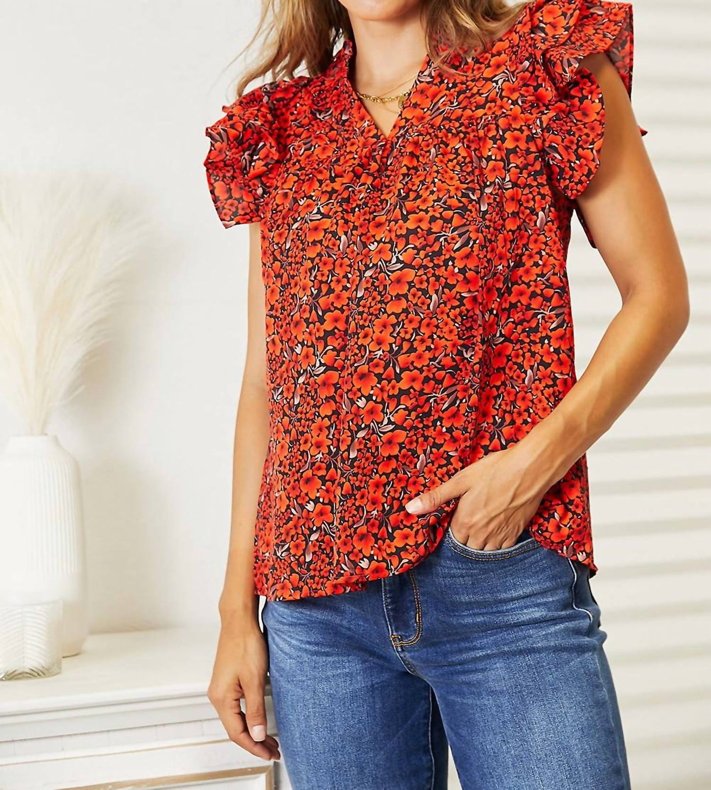 Double Take - Floral Flutter Sleeve Notched Neck Blouse
