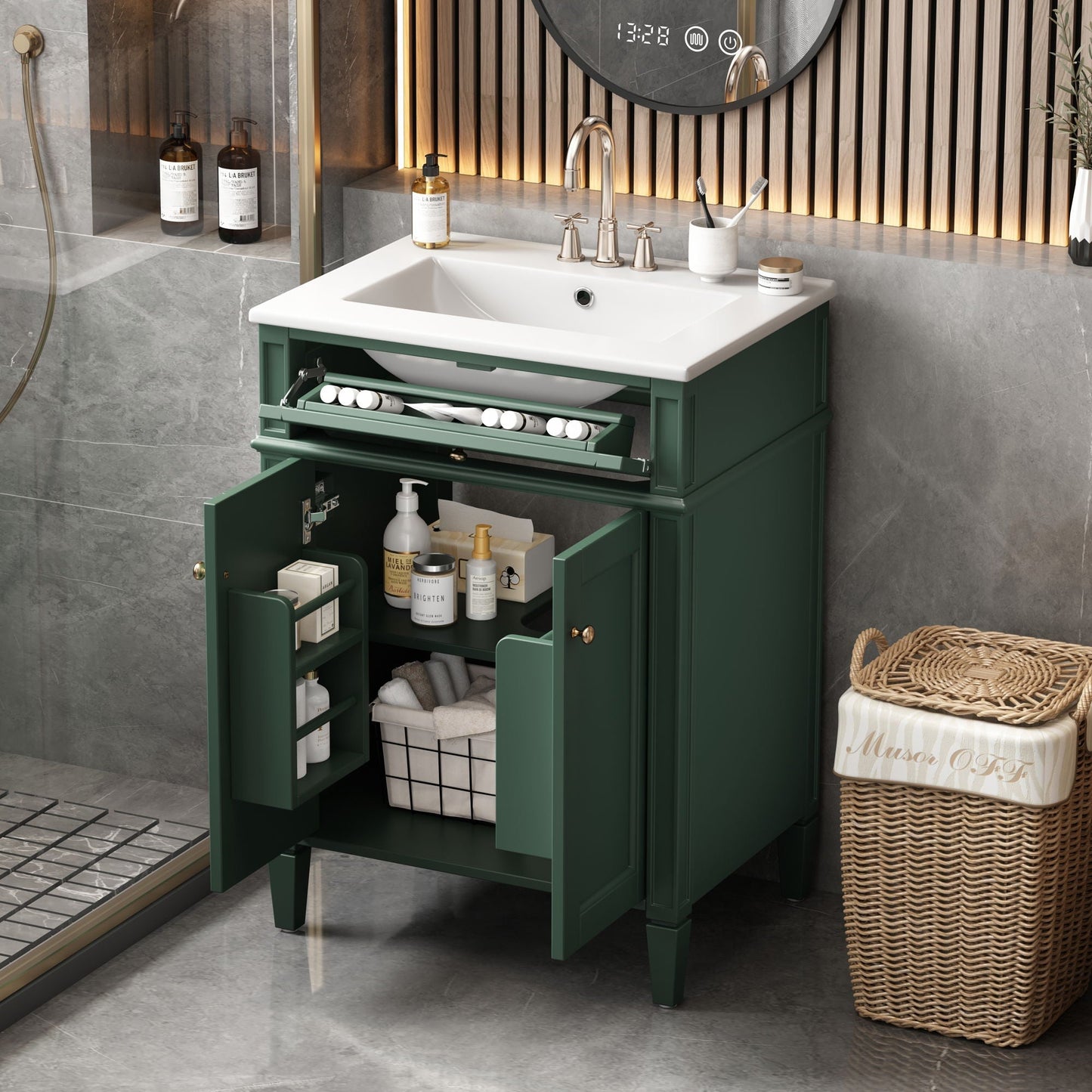 Bathroom Vanity With 2 Doors And Tip Out Drawer, Soft Closing Hinges