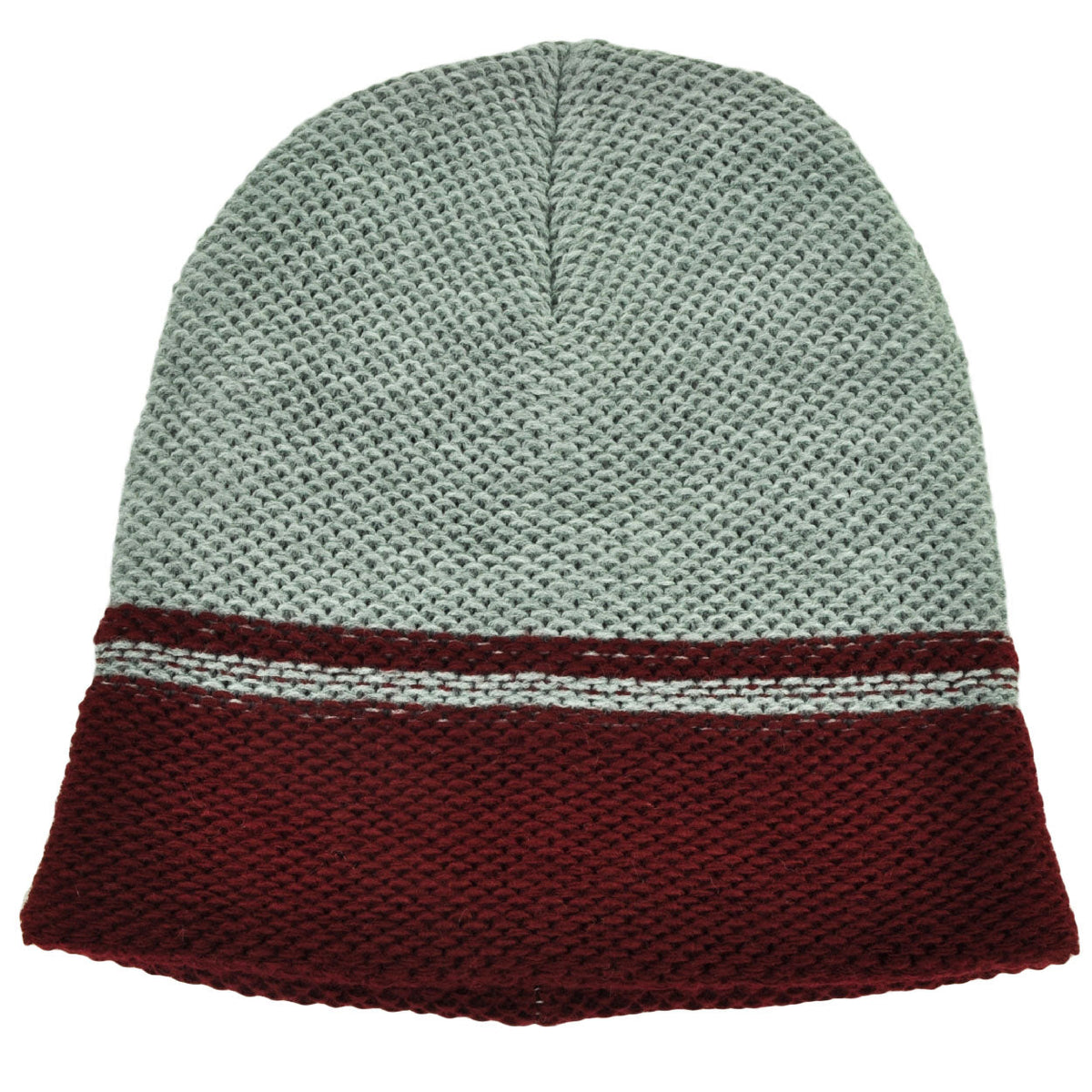 Gray Burgundy Maroon Cuffless Knit Beanie Toque Striped Woven Hat Blank Plain