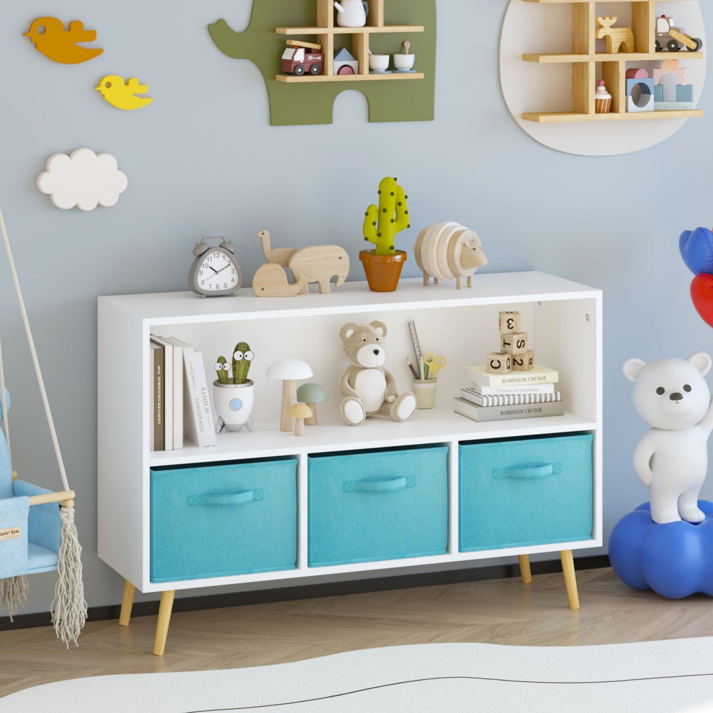 Bookcase With Collapsible Drawers, Book Display Storage Cabinet Organizer - White / Blue