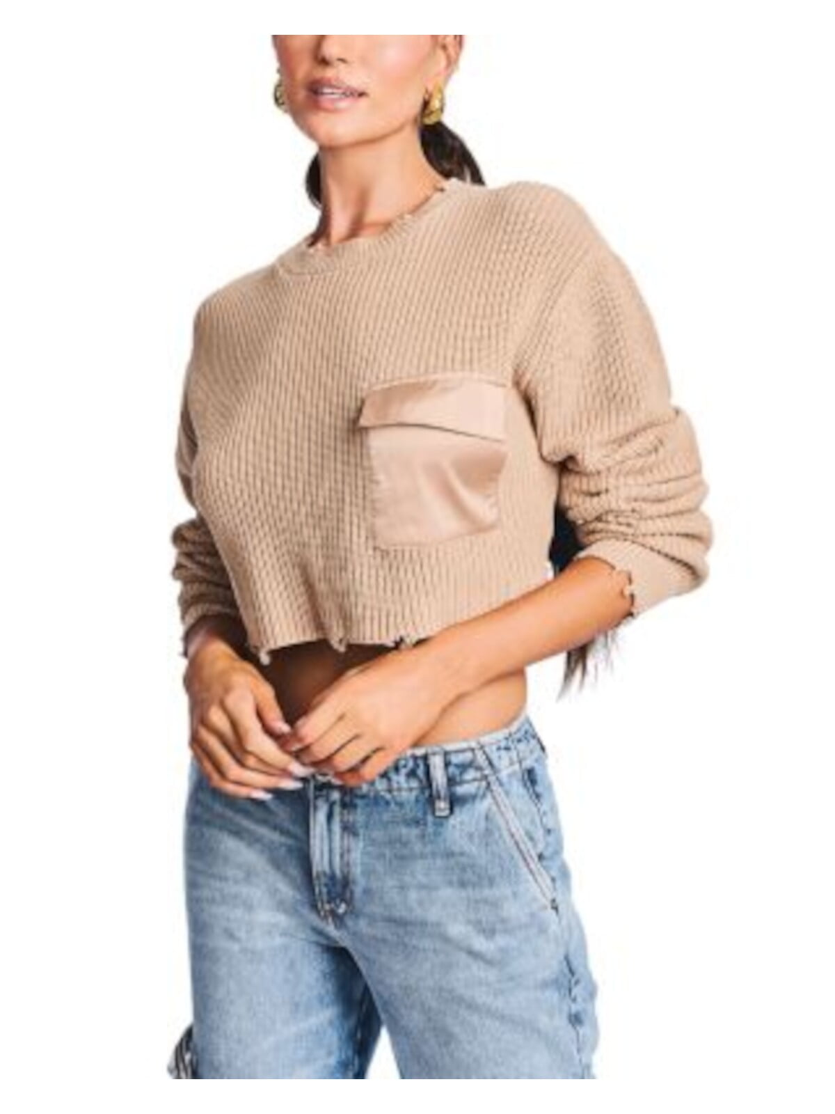 Ser.o.ya Womens Beige Pocketed Distressed Long Sleeve Crew Neck Crop Top Sweater Tan Size M