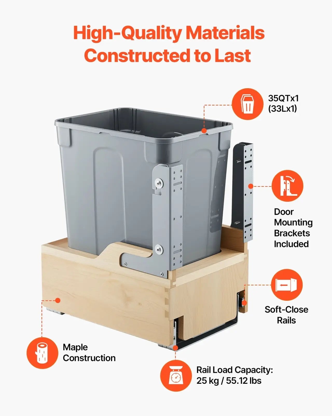35qt Pullout Waste Container Soft Close Wood Frame