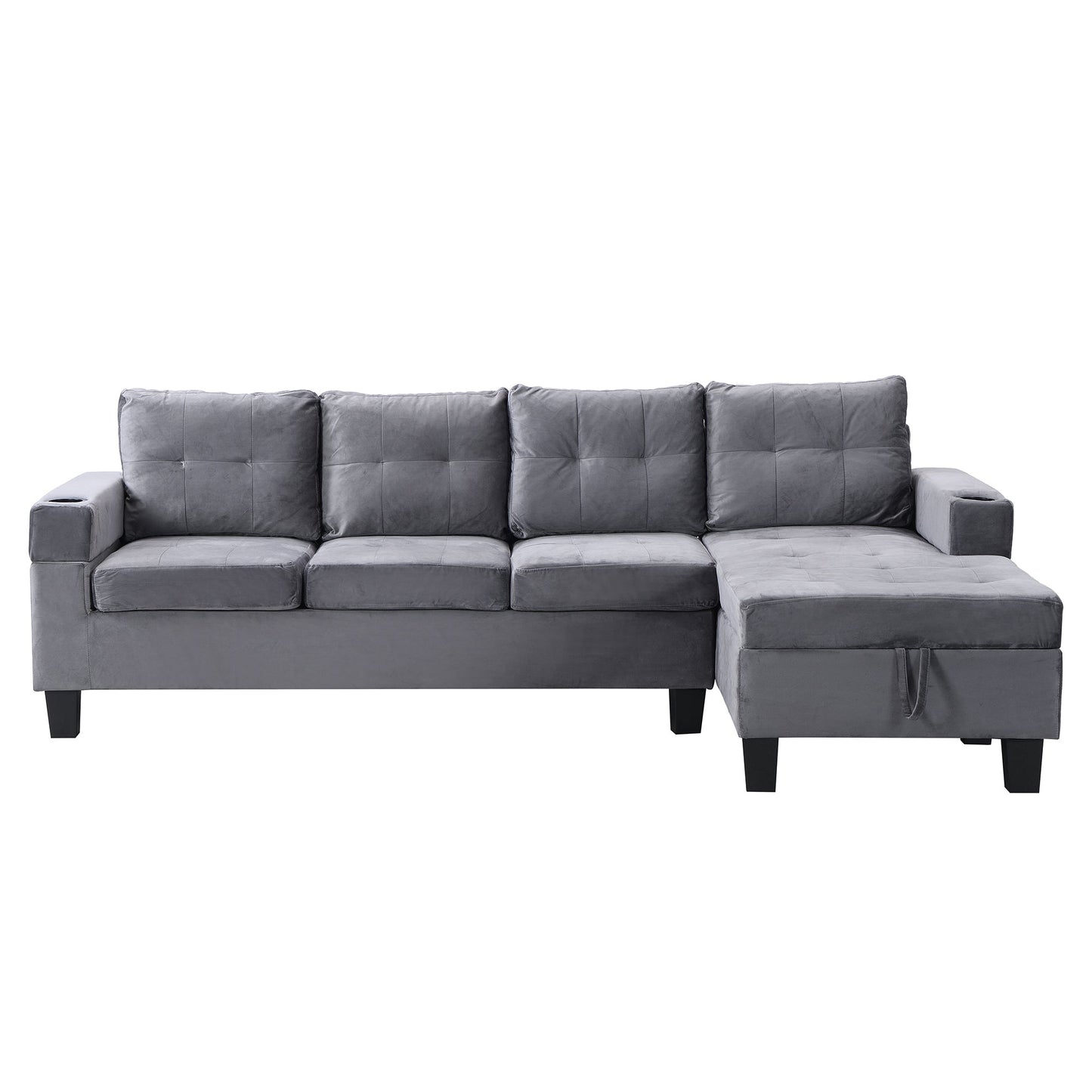 Modern Sectional Sofa Set with L Shape Chaise Lounge and Storage in Grey Velvet Fabric
