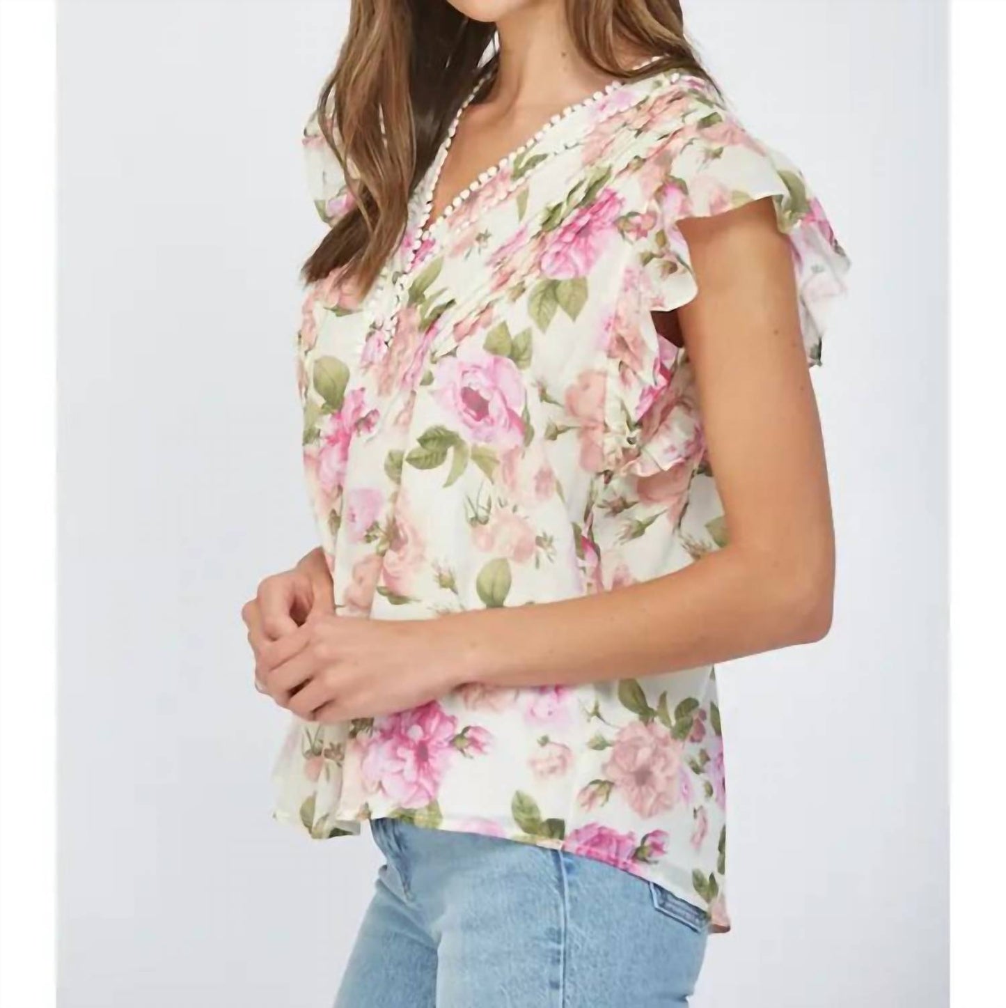 Fate - Tuck Detail Floral Flutter Top