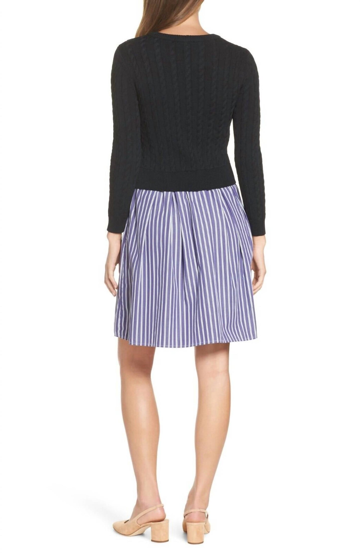 1901 - Poplin Cable Knit Sweater Top Striped Button Down Dress
