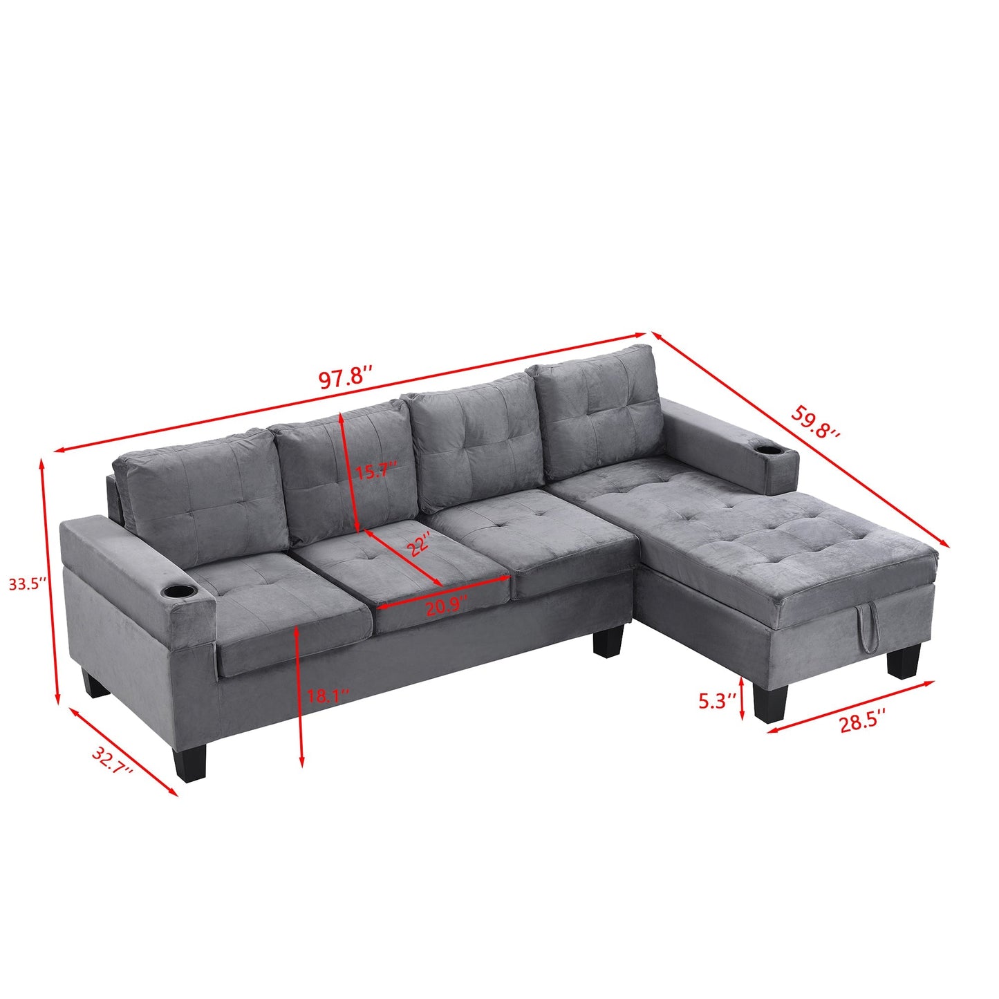 Modern Sectional Sofa Set with L Shape Chaise Lounge and Storage in Grey Velvet Fabric