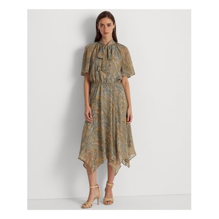 Lauren Ralph Lauren Light Blue Paisley Tie Neck Midi Dress