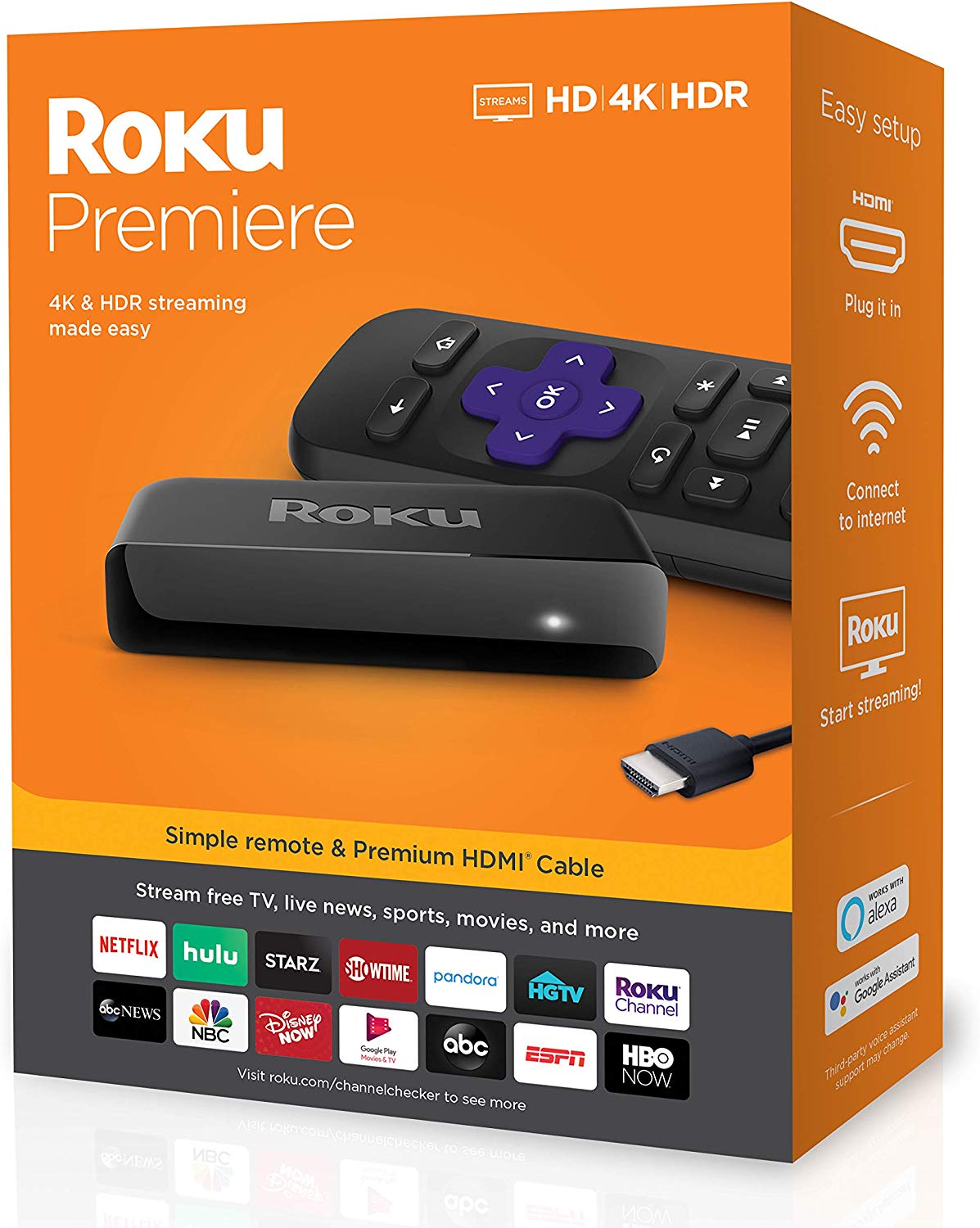 Roku Premiere HD/4K/HDR स्ट्रीमिंग मीडिया प्लेयर सिंपल रिमोट और प्रीमियम HDMI केबल