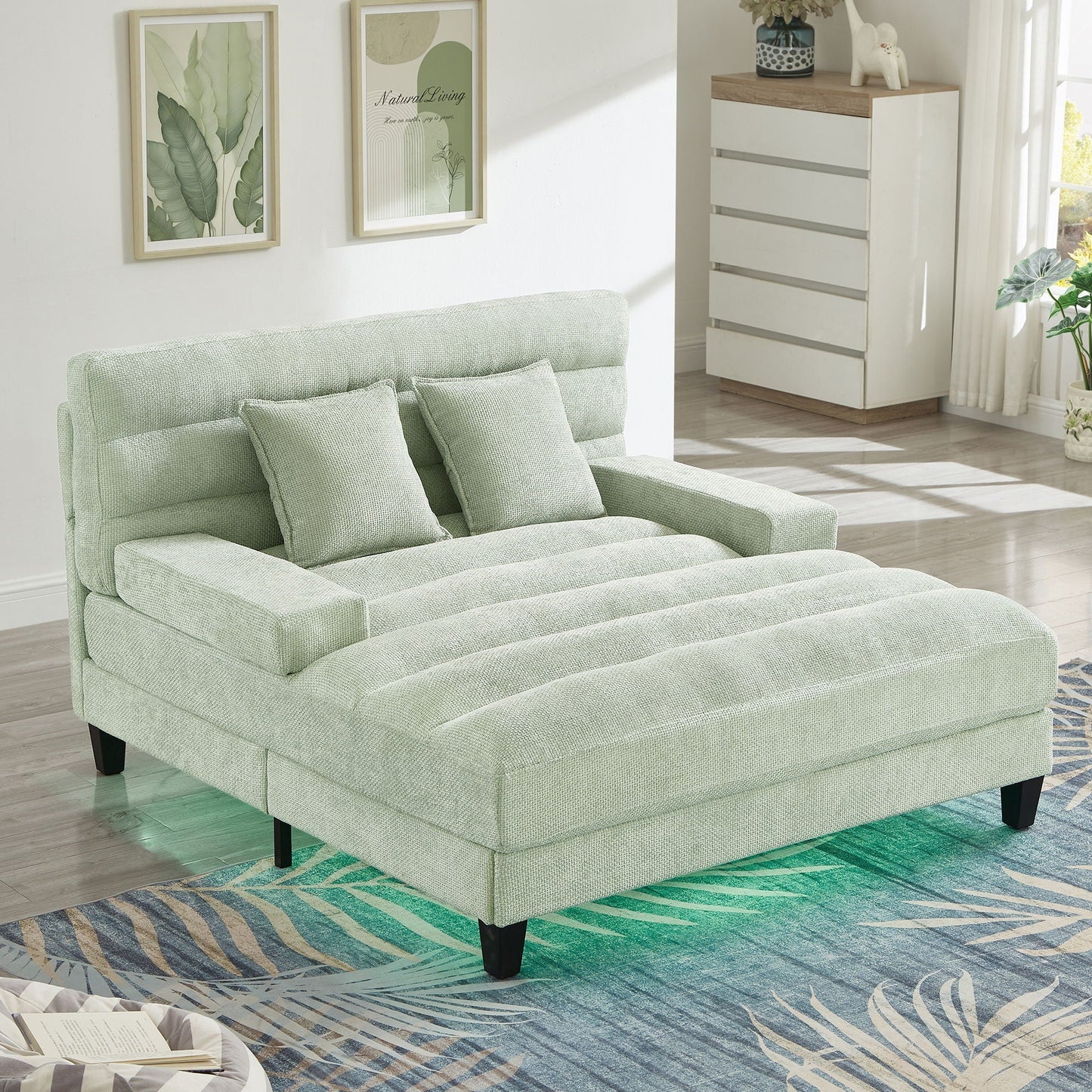 Chaise Bed Lounge Sofa Chair with Adjustable Backrest and LED Light Strip