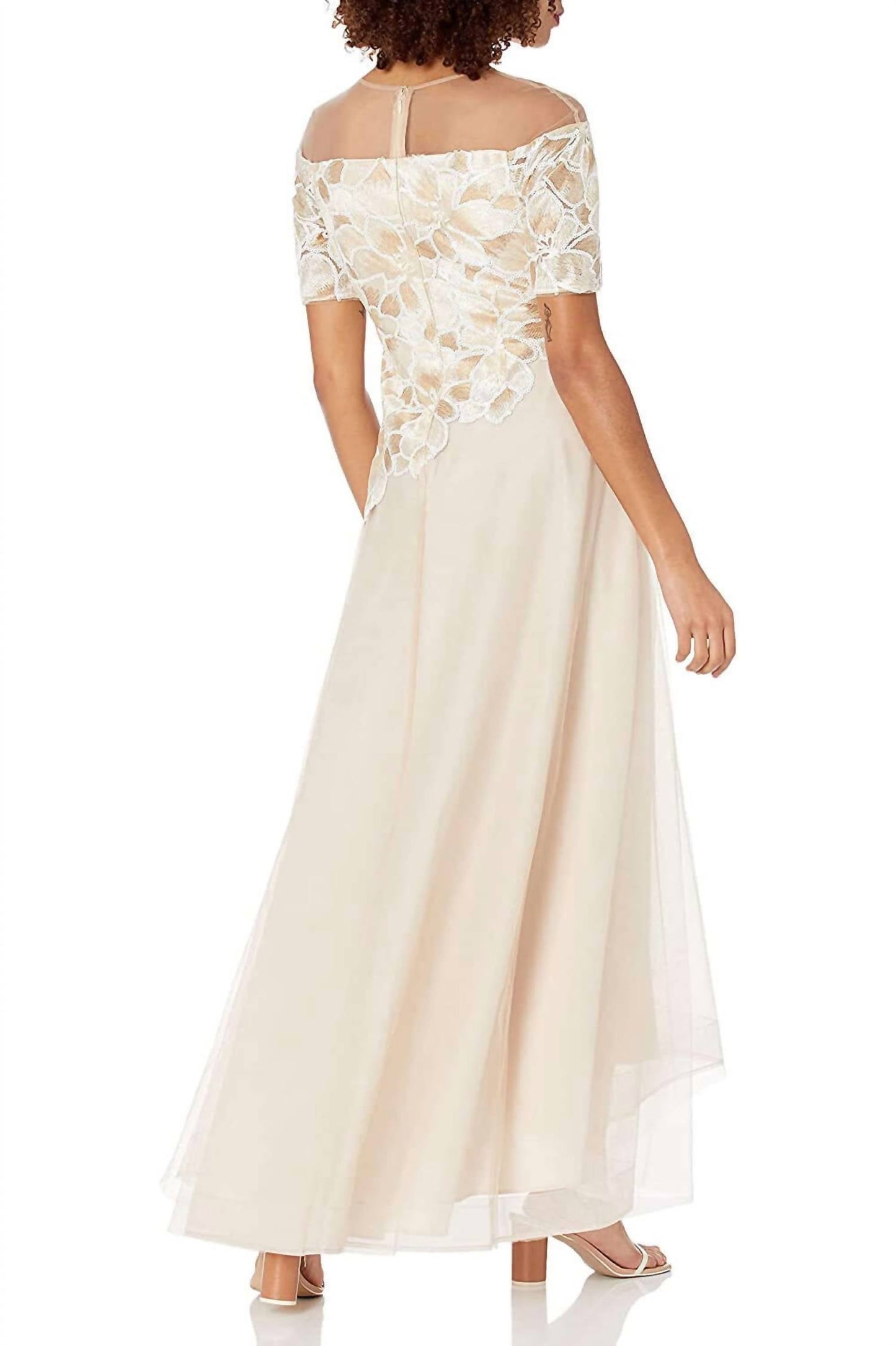 Adrianna Papell - Short Sleeve Embroidered Sequined High Low Hem Mesh Dress