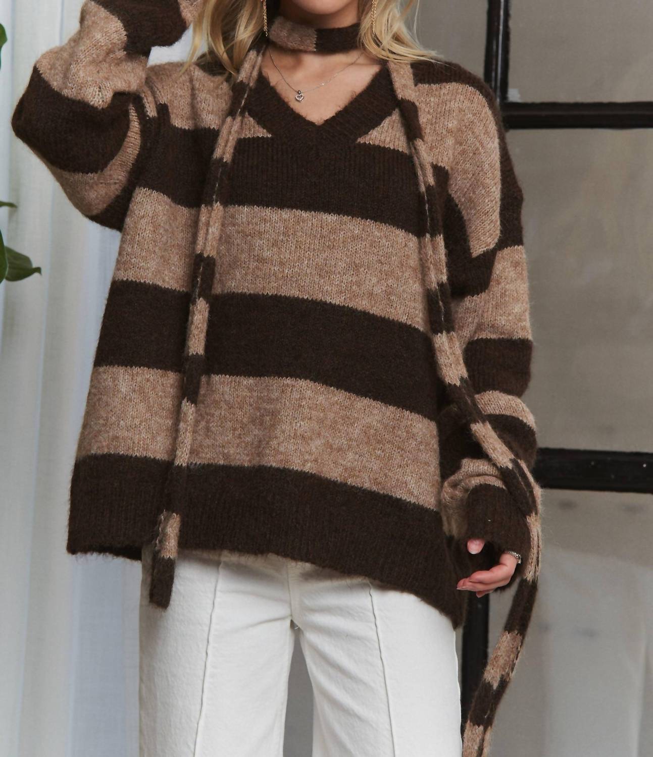Adora - Stripes Knit Sweater With Scarf