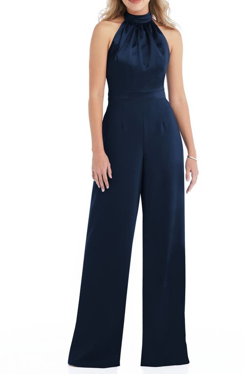 After Six Halter Neck Satin Charmeuse & Crepe Jumpsuit in Midnight, Size 14