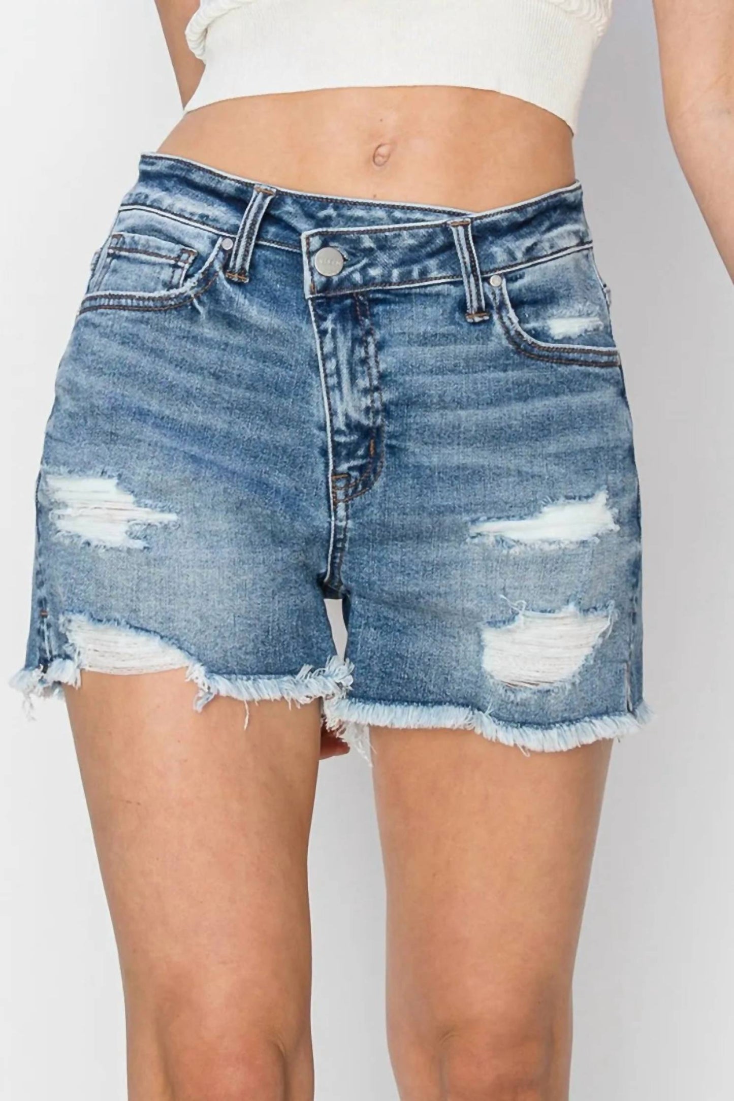 Risen - Stepped Waist Frayed Denim Shorts