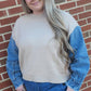 Anniewear - Denim Sleeve Contrast Distressed Sweater Top