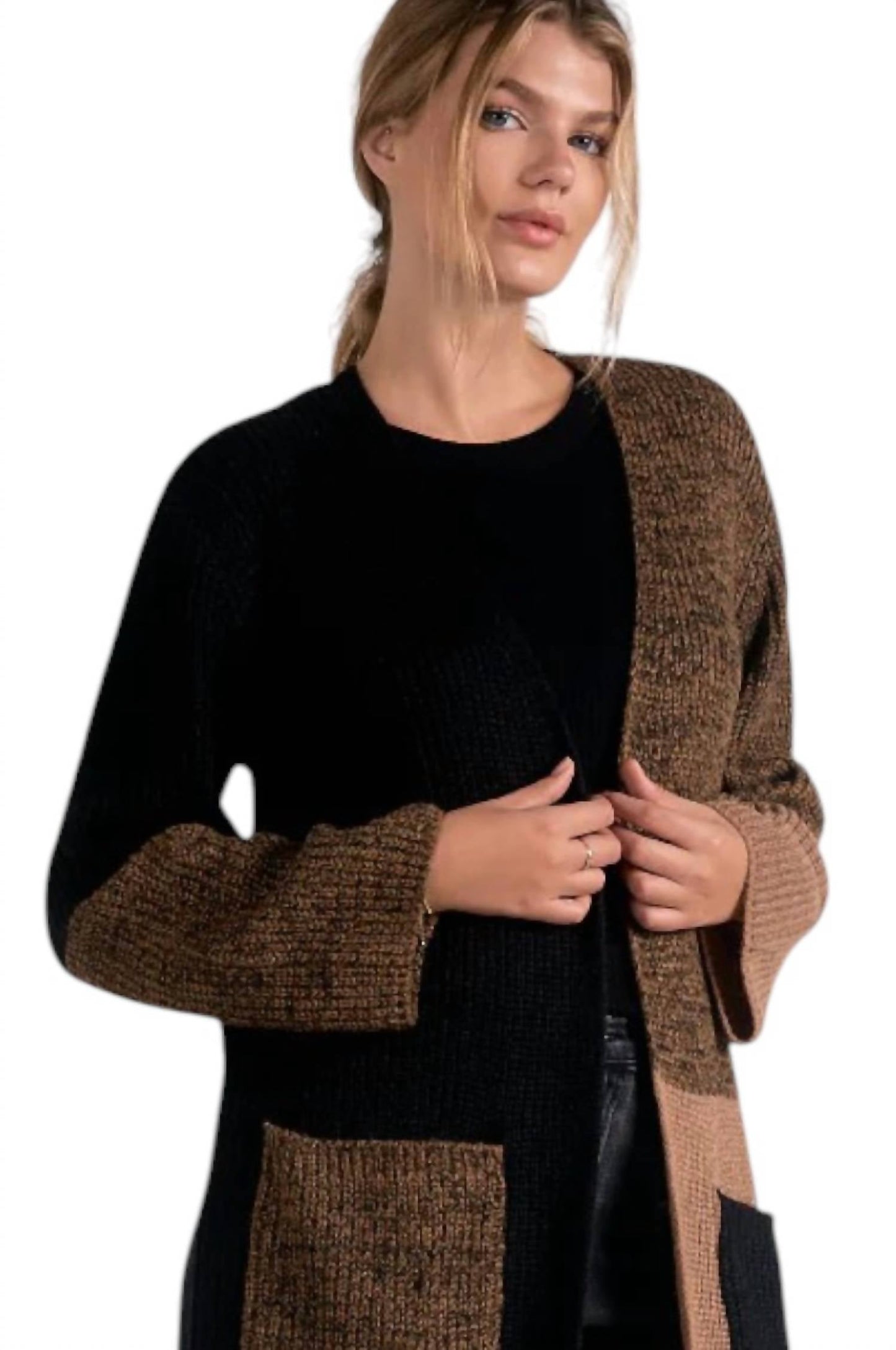 Elan - Long Colorblock Duster Sweater with Pockets