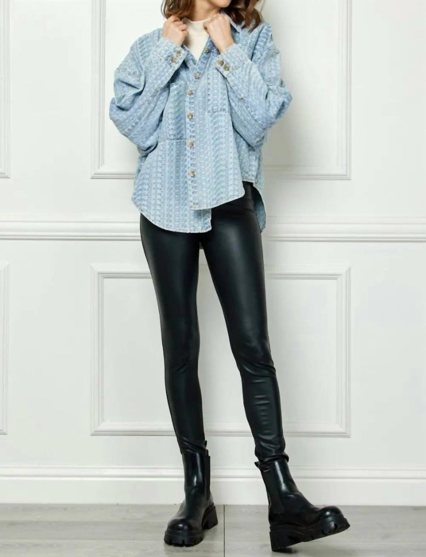 Trendsi - Veveret Button Up Dropped Shoulder Denim Top