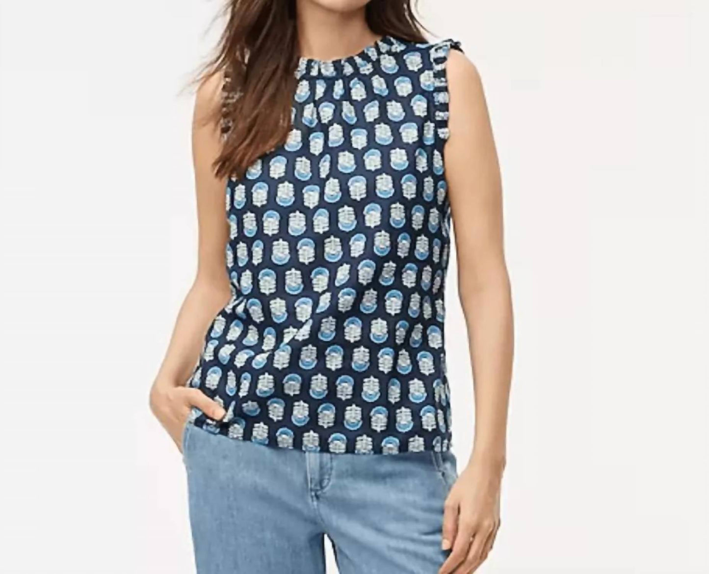 J.Crew - Printed Linen-blend Ruffleneck Top