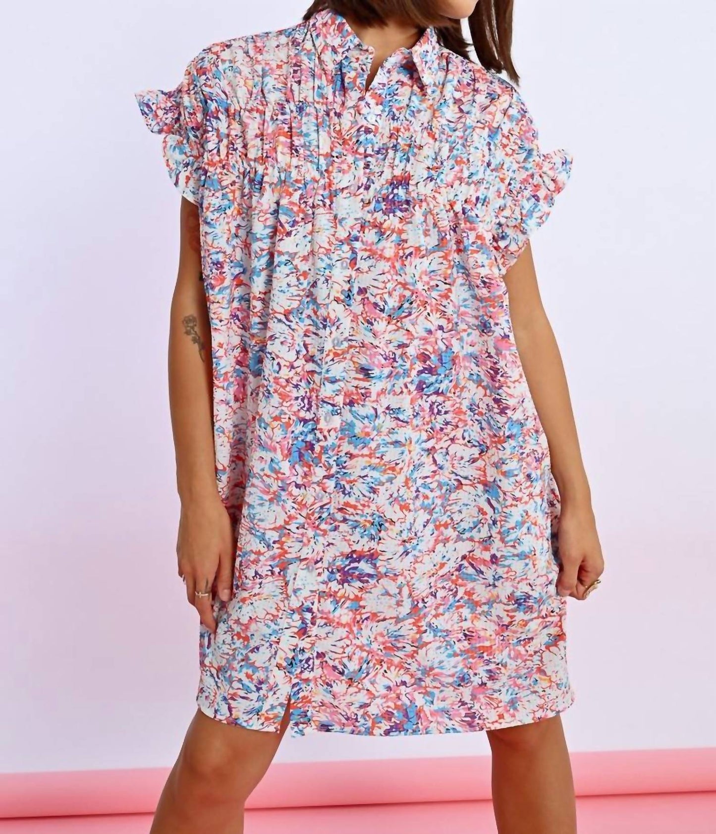 Molly Bracken - Printed Ruffle Sleeve Shirt Dress