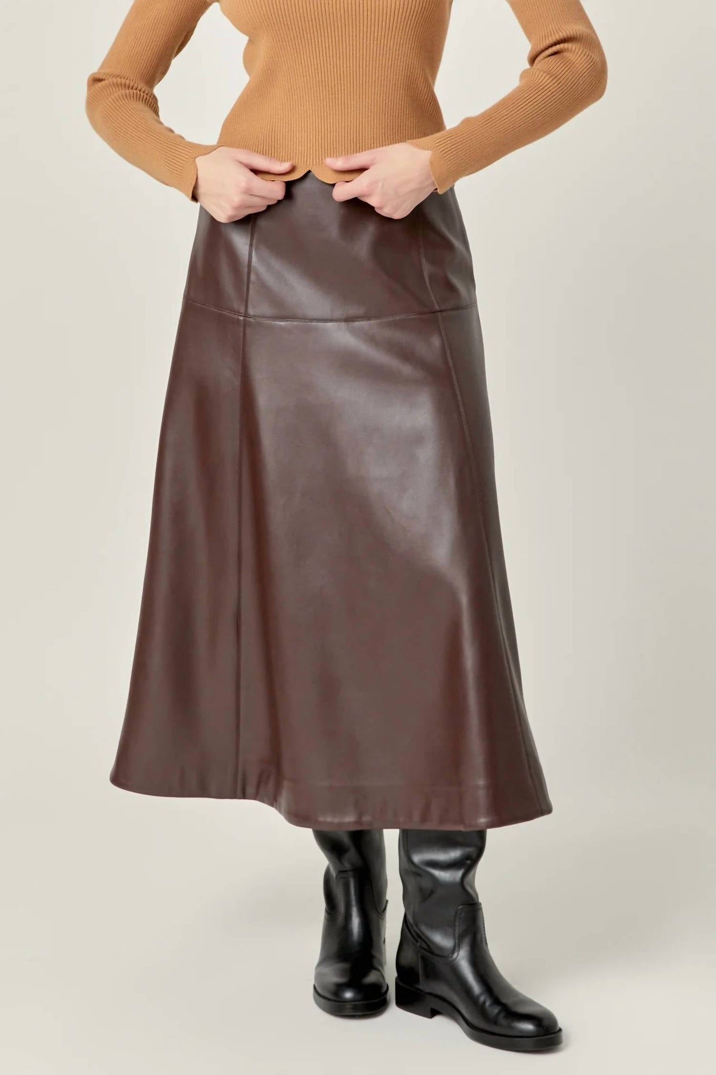 2.7 August Apparel - Faux Leather High Waisted Midi Skirt