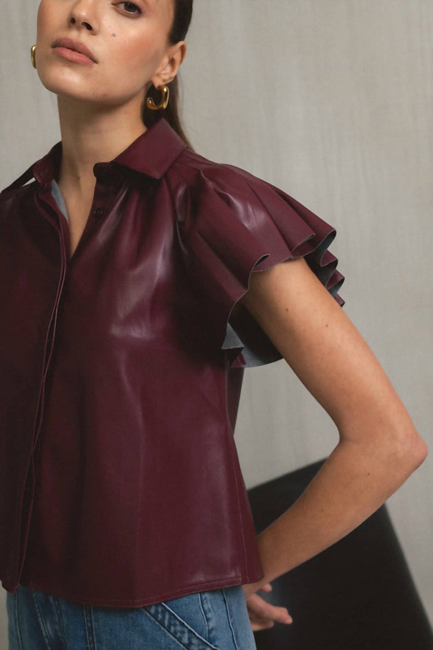 Elan - Flutter Sleeve Faux Leather Top