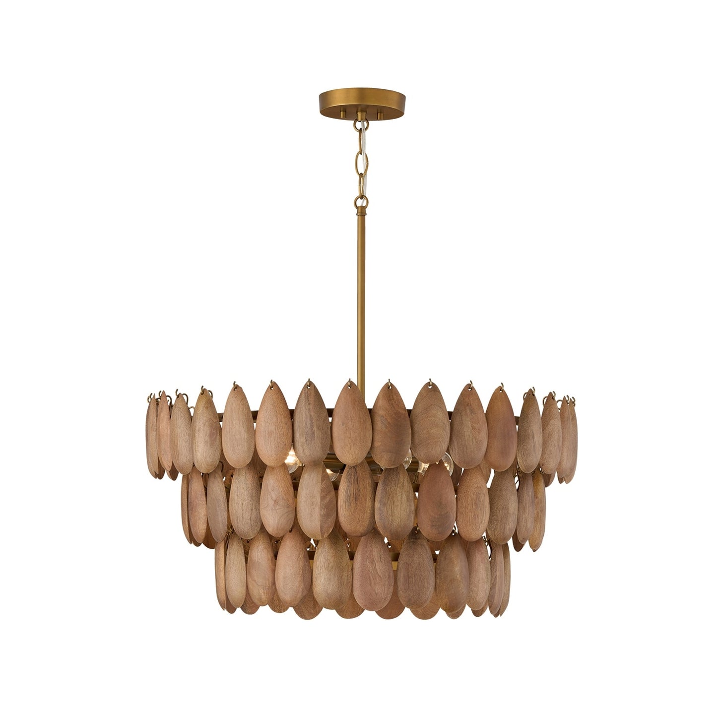 4 Light Pendant in Hand Distressed Patinaed Brass and Handcrafted Mango Wood