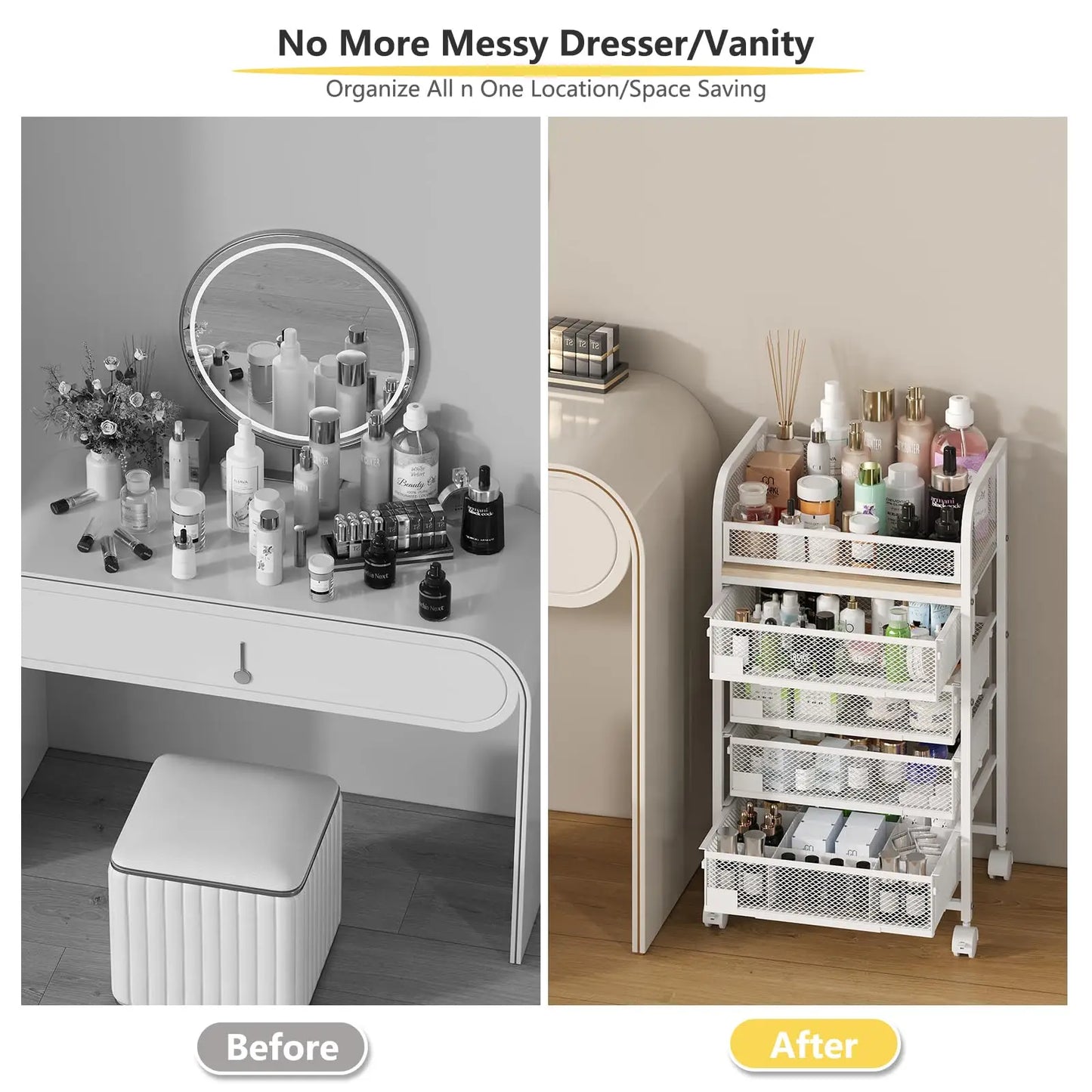 4 Drawer Rolling Makeup Vanity and Skincare Storage Cart White