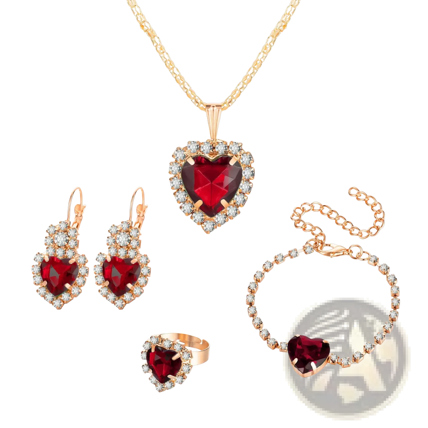 4 Piece Heart Rhinestone Jewelry Set with Matching Crystals