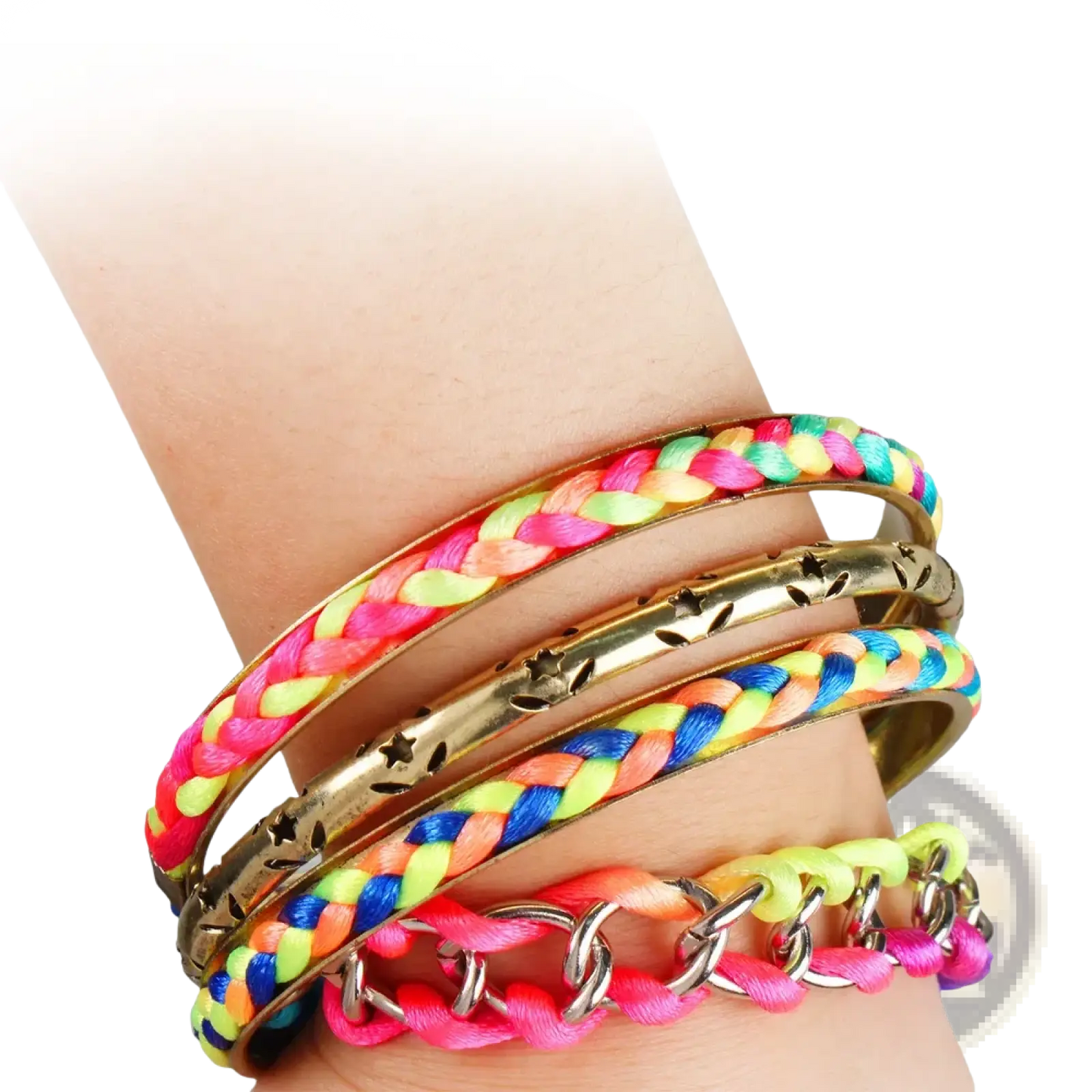 4 Piece Neon Braided Bangle Set with Gold Star Accents