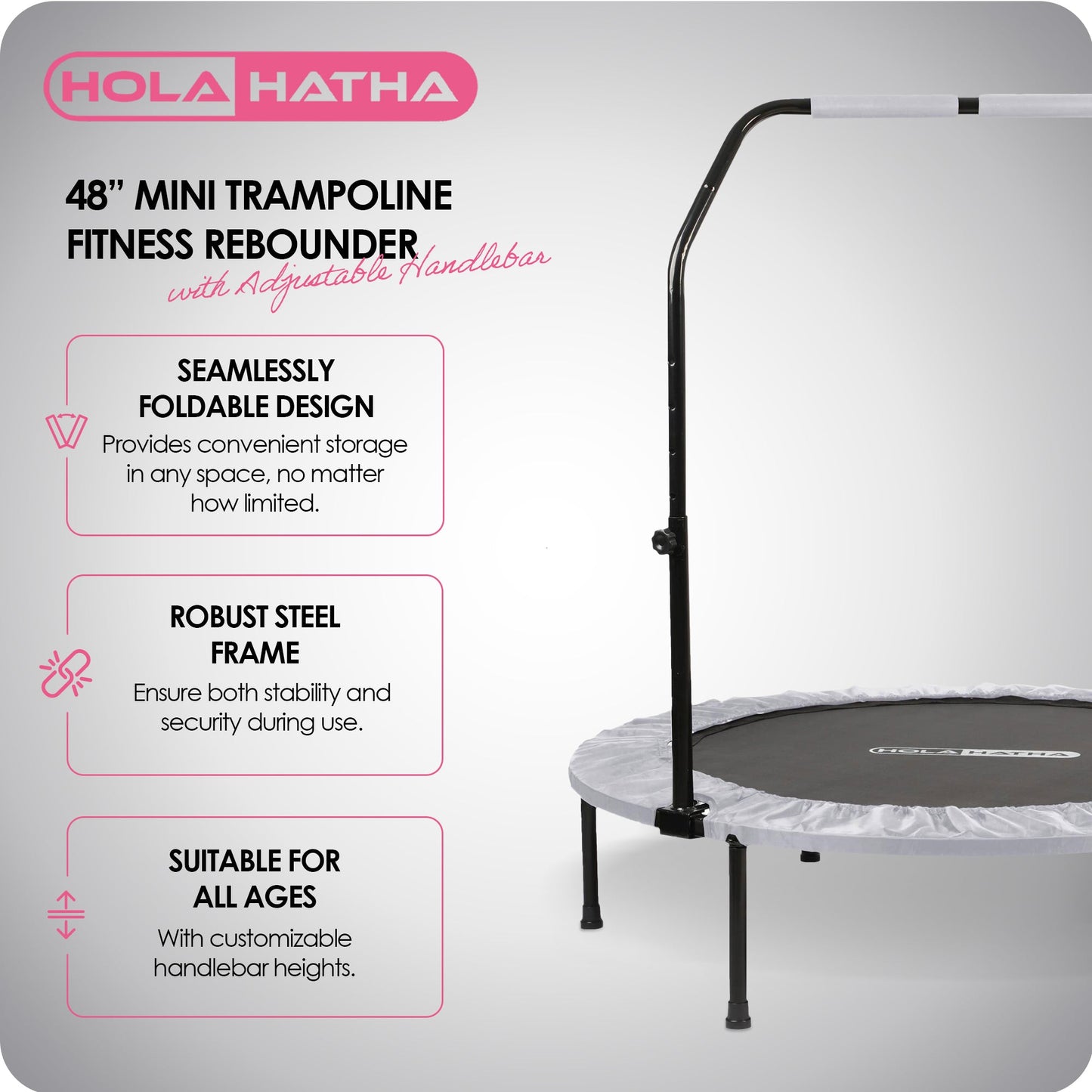HolaHatha एडजस्टेबल हैंडल के साथ फ़ोल्डेबल मिनी फिटनेस ट्रैम्पोलिन, 48 इंच, सफेद