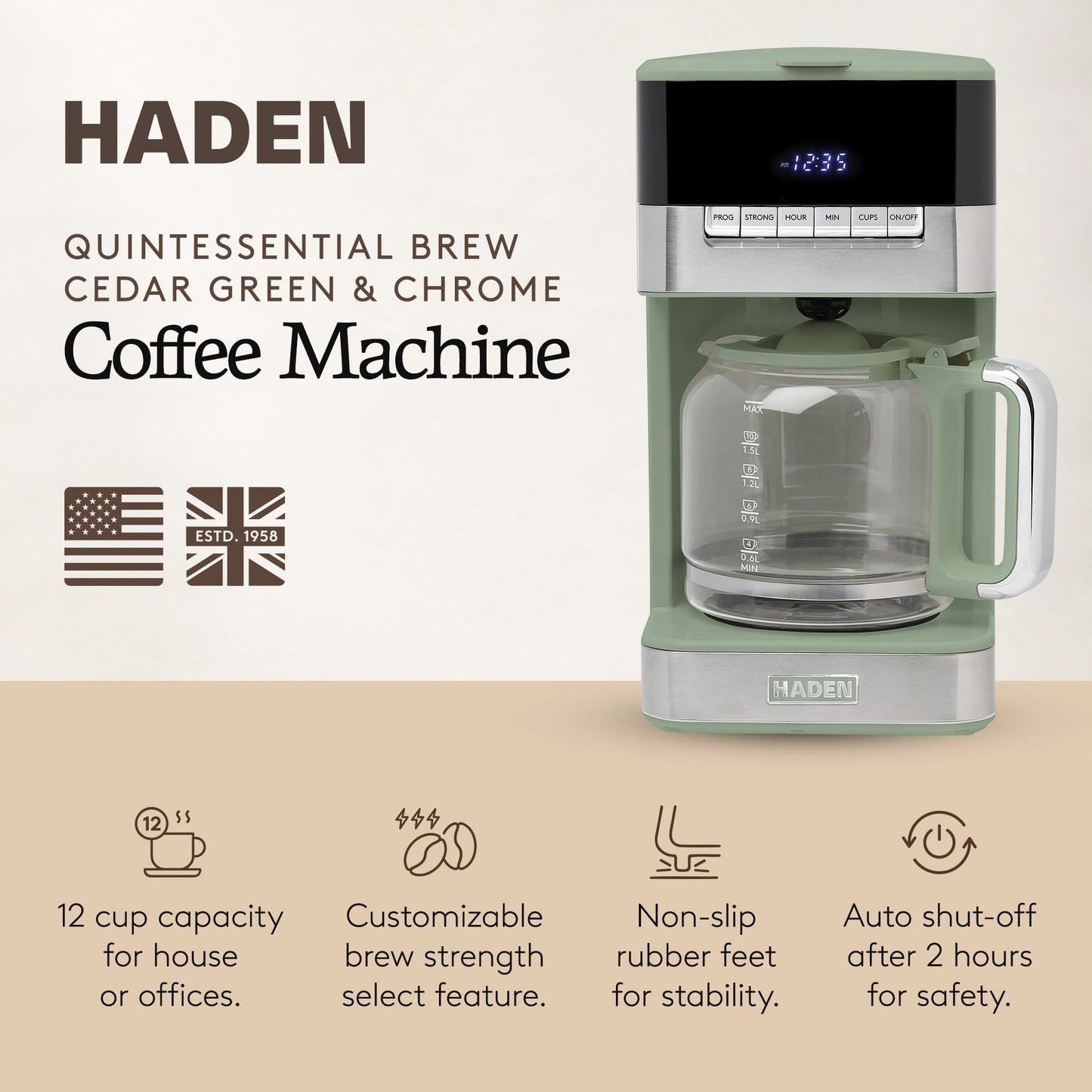 Haden Programmable Drip Coffee Maker, 12 Cup Cafe Machine & Carafe, Green/Chrome