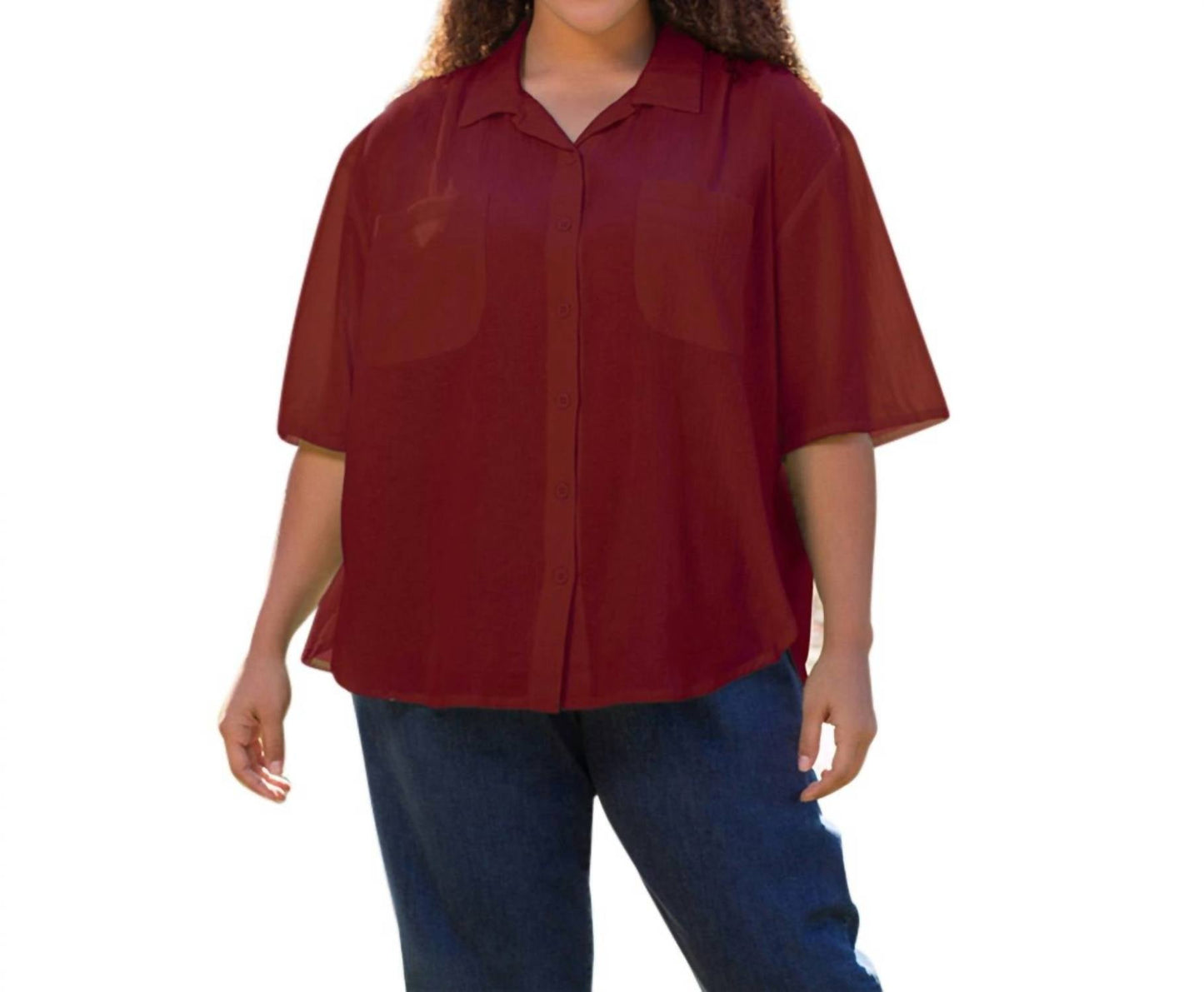 On The Plus Side - Crinkle Cotton Short Sleeve Collar Shirt - Plus