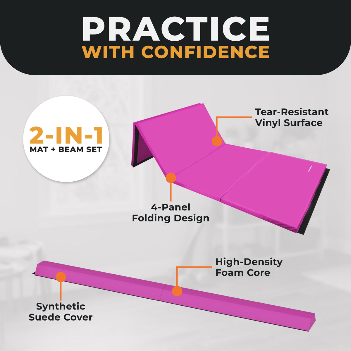 BalanceFrom Fitness All Purpose Mat with 8 Ft Balance Beam Gymnastic Set, Pink