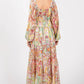 Baevely By Wellmade - Paisley Floral Metallic Striped Tiered Long Puff Sleeve Maxi Dress