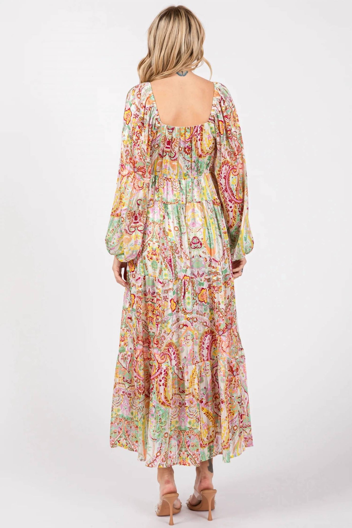 Baevely By Wellmade - Paisley Floral Metallic Striped Tiered Long Puff Sleeve Maxi Dress